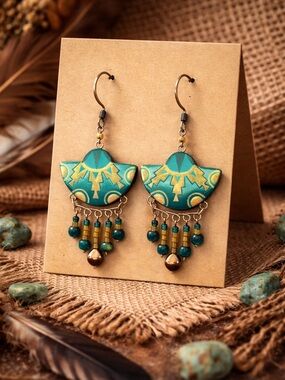 Boho Teal & Gold Tribal Chandelier Drop Earrings